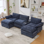 [NEW ARRIVED] [VIDEO PROVIDED]U Shaped Modular Sectional Sofa,Storage Console & Wireless Charging,2 Cup Holders,Bluetooth Speakers,2 Movable Footstools,Adjustable handrail,Movable seat,Chenille,Blue Sectional Sofa