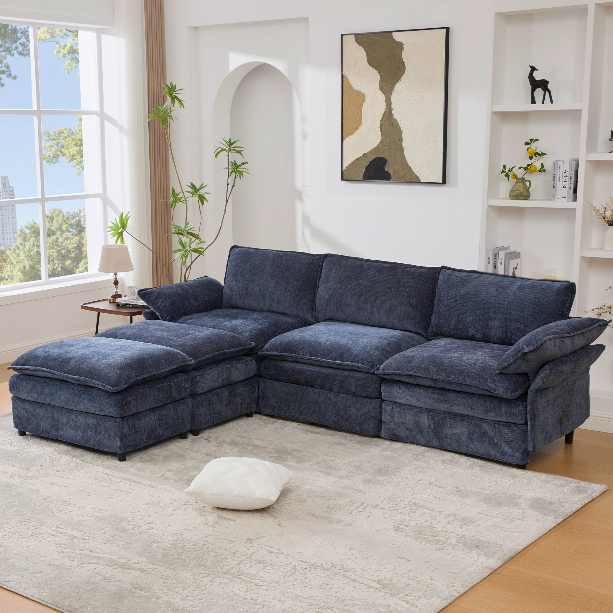 [NEW ARRIVED] [VIDEO PROVIDED]U Shaped Modular Sectional Sofa,Storage Console & Wireless Charging,2 Cup Holders,Bluetooth Speakers,2 Movable Footstools,Adjustable handrail,Movable seat,Chenille,Blue Sectional Sofa