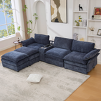 [NEW ARRIVED] [VIDEO PROVIDED]U Shaped Modular Sectional Sofa,Storage Console & Wireless Charging,2 Cup Holders,Bluetooth Speakers,2 Movable Footstools,Adjustable handrail,Movable seat,Chenille,Blue Sectional Sofa