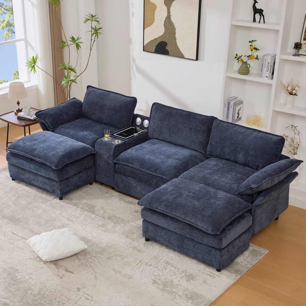 [NEW ARRIVED] [VIDEO PROVIDED]U Shaped Modular Sectional Sofa,Storage Console & Wireless Charging,2 Cup Holders,Bluetooth Speakers,2 Movable Footstools,Adjustable handrail,Movable seat,Chenille,Blue Sectional Sofa