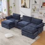 [NEW ARRIVED] [VIDEO PROVIDED]U Shaped Modular Sectional Sofa,Storage Console & Wireless Charging,2 Cup Holders,Bluetooth Speakers,2 Movable Footstools,Adjustable handrail,Movable seat,Chenille,Blue Sectional Sofa