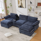 [NEW ARRIVED] [VIDEO PROVIDED]U Shaped Modular Sectional Sofa,Storage Console & Wireless Charging,2 Cup Holders,Bluetooth Speakers,2 Movable Footstools,Adjustable handrail,Movable seat,Chenille,Blue Sectional Sofa