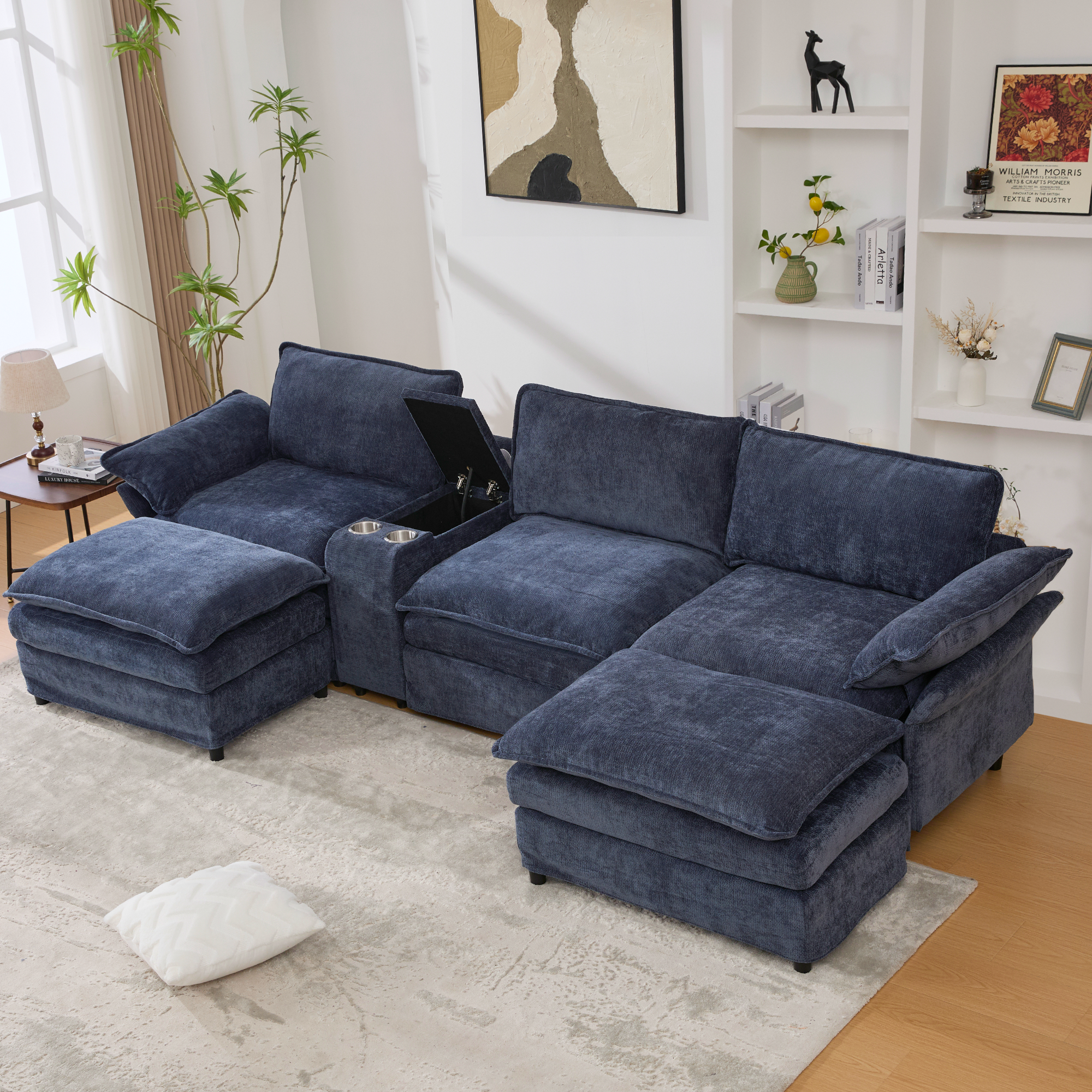 [NEW ARRIVED] [VIDEO PROVIDED]U Shaped Modular Sectional Sofa,Storage Console & Wireless Charging,2 Cup Holders,Bluetooth Speakers,2 Movable Footstools,Adjustable handrail,Movable seat,Chenille,Blue Sectional Sofa
