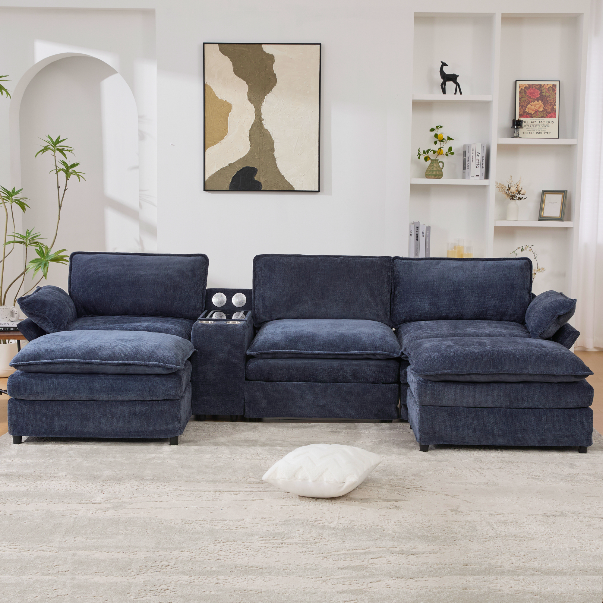 [NEW ARRIVED] [VIDEO PROVIDED]U Shaped Modular Sectional Sofa,Storage Console & Wireless Charging,2 Cup Holders,Bluetooth Speakers,2 Movable Footstools,Adjustable handrail,Movable seat,Chenille,Blue Sectional Sofa