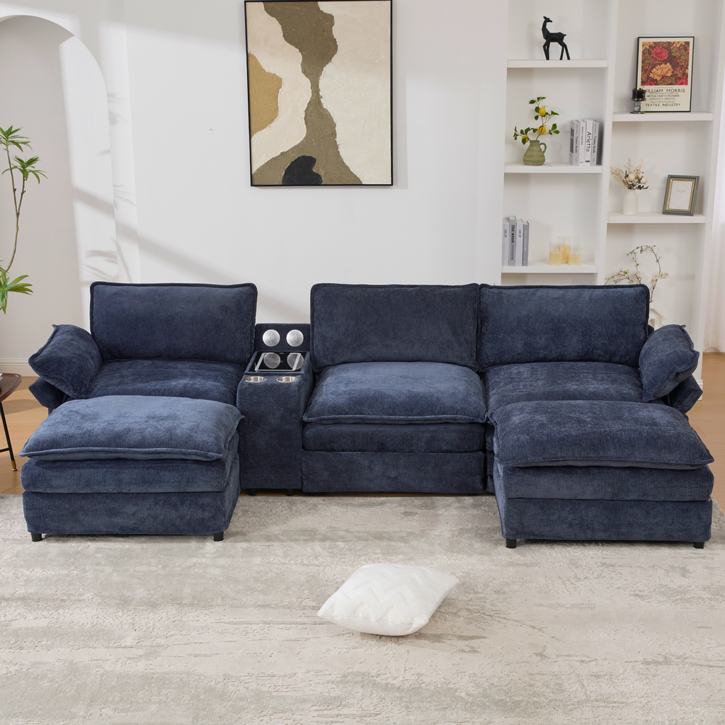 [NEW ARRIVED] [VIDEO PROVIDED]U Shaped Modular Sectional Sofa,Storage Console & Wireless Charging,2 Cup Holders,Bluetooth Speakers,2 Movable Footstools,Adjustable handrail,Movable seat,Chenille,Blue Sectional Sofa