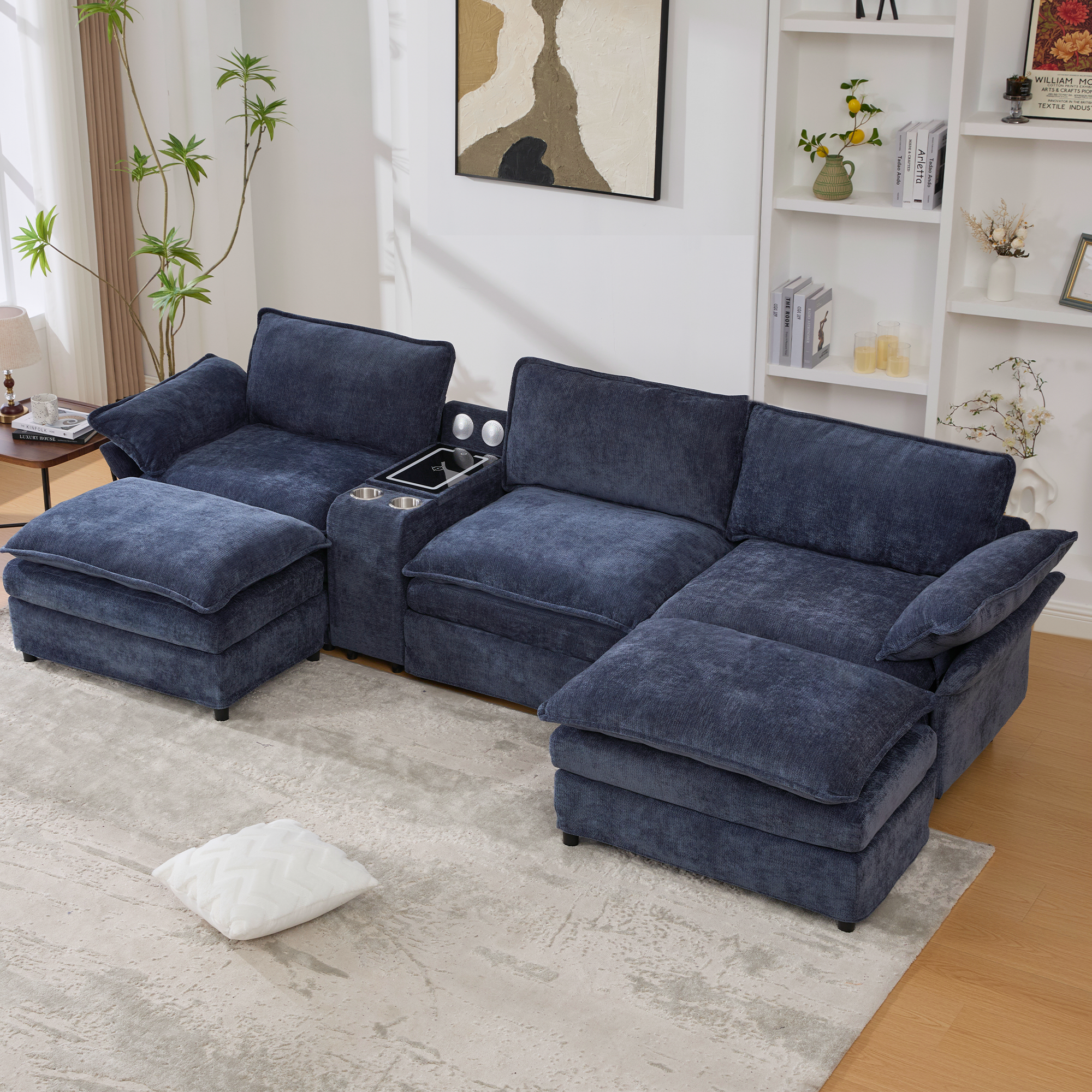 [NEW ARRIVED] [VIDEO PROVIDED]U Shaped Modular Sectional Sofa,Storage Console & Wireless Charging,2 Cup Holders,Bluetooth Speakers,2 Movable Footstools,Adjustable handrail,Movable seat,Chenille,Blue Sectional Sofa