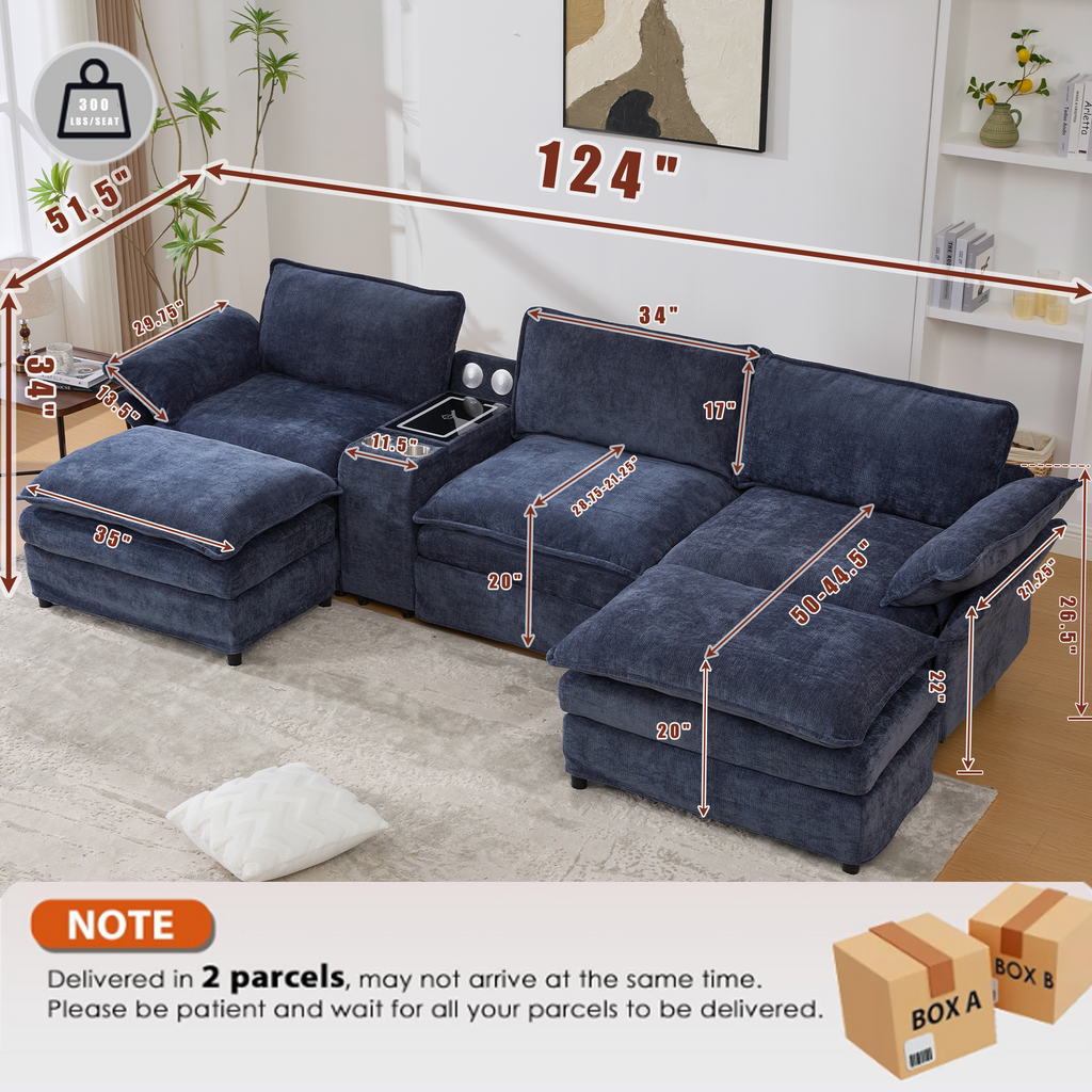 [NEW ARRIVED] [VIDEO PROVIDED]U Shaped Modular Sectional Sofa,Storage Console & Wireless Charging,2 Cup Holders,Bluetooth Speakers,2 Movable Footstools,Adjustable handrail,Movable seat,Chenille,Blue Sectional Sofa