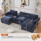 [NEW ARRIVED] [VIDEO PROVIDED]U Shaped Modular Sectional Sofa,Storage Console & Wireless Charging,2 Cup Holders,Bluetooth Speakers,2 Movable Footstools,Adjustable handrail,Movable seat,Chenille,Blue Sectional Sofa