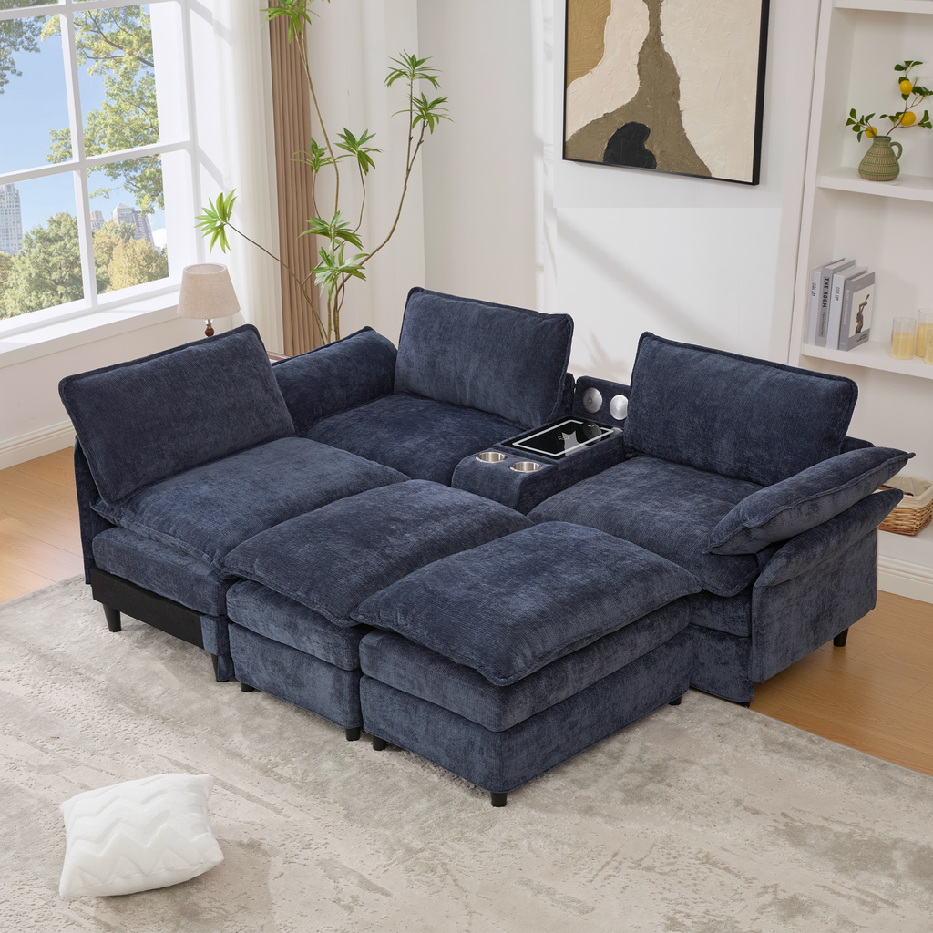 [NEW ARRIVED] [VIDEO PROVIDED]U Shaped Modular Sectional Sofa,Storage Console & Wireless Charging,2 Cup Holders,Bluetooth Speakers,2 Movable Footstools,Adjustable handrail,Movable seat,Chenille,Blue Sectional Sofa