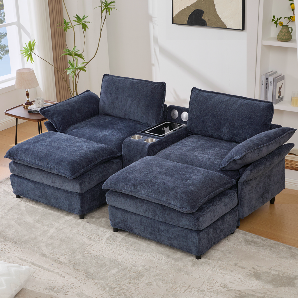 [NEW ARRIVED] [VIDEO PROVIDED]U Shaped Modular Sectional Sofa,Storage Console & Wireless Charging,2 Cup Holders,Bluetooth Speakers,2 Movable Footstools,Adjustable handrail,Movable seat,Chenille,Blue Sectional Sofa