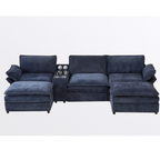[NEW ARRIVED] [VIDEO PROVIDED]U Shaped Modular Sectional Sofa,Storage Console & Wireless Charging,2 Cup Holders,Bluetooth Speakers,2 Movable Footstools,Adjustable handrail,Movable seat,Chenille,Blue Sectional Sofa