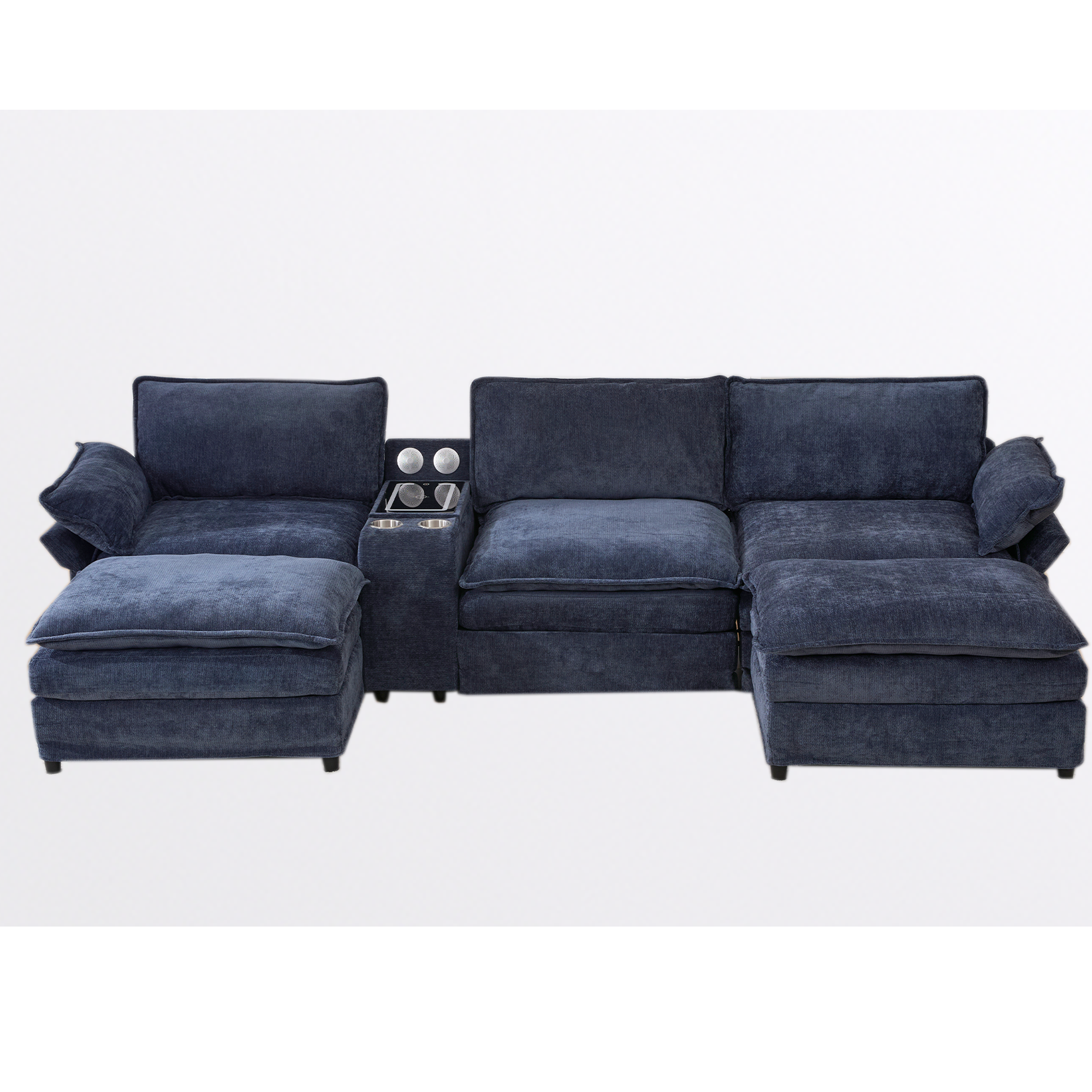 [NEW ARRIVED] [VIDEO PROVIDED]U Shaped Modular Sectional Sofa,Storage Console & Wireless Charging,2 Cup Holders,Bluetooth Speakers,2 Movable Footstools,Adjustable handrail,Movable seat,Chenille,Blue Sectional Sofa