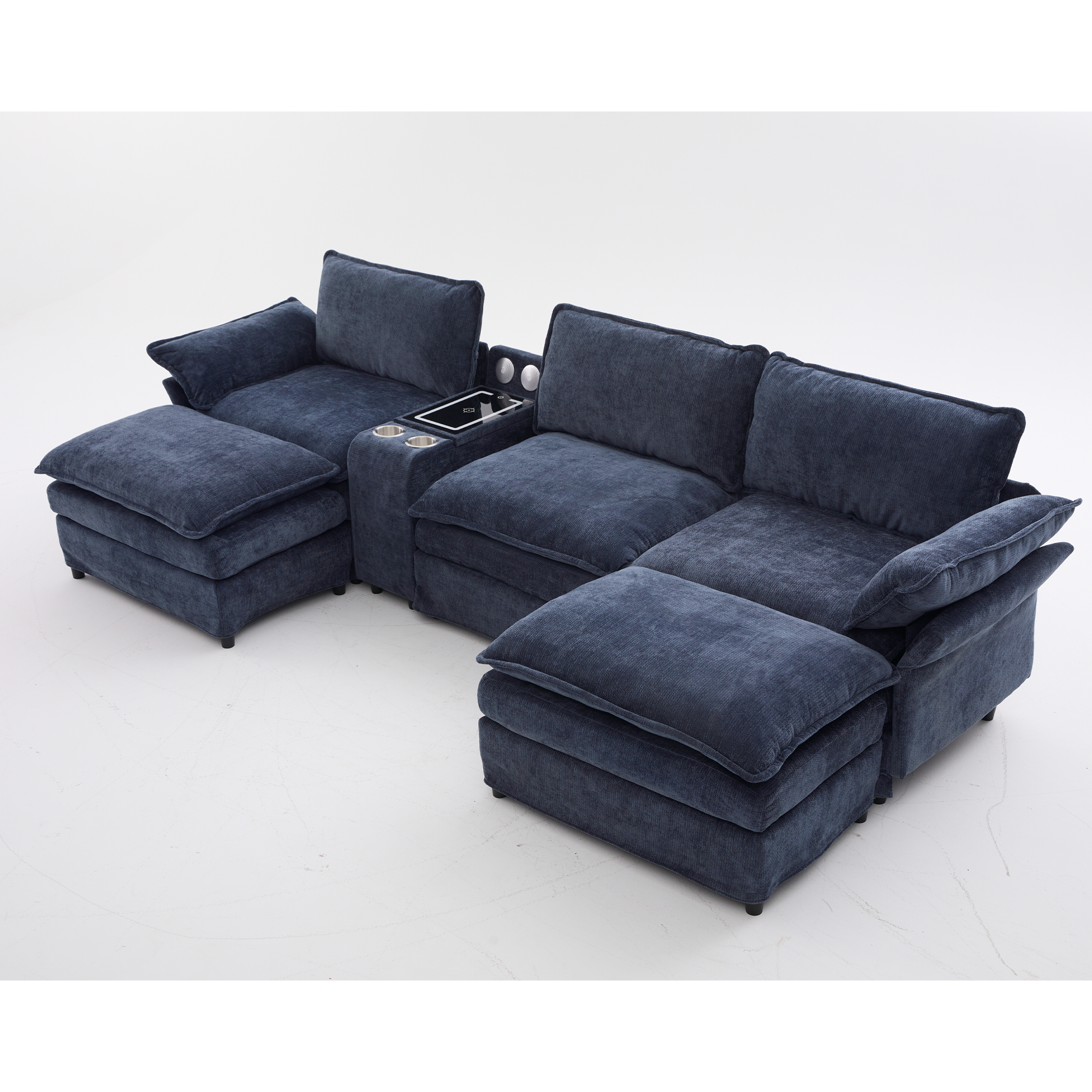 [NEW ARRIVED] [VIDEO PROVIDED]U Shaped Modular Sectional Sofa,Storage Console & Wireless Charging,2 Cup Holders,Bluetooth Speakers,2 Movable Footstools,Adjustable handrail,Movable seat,Chenille,Blue Sectional Sofa