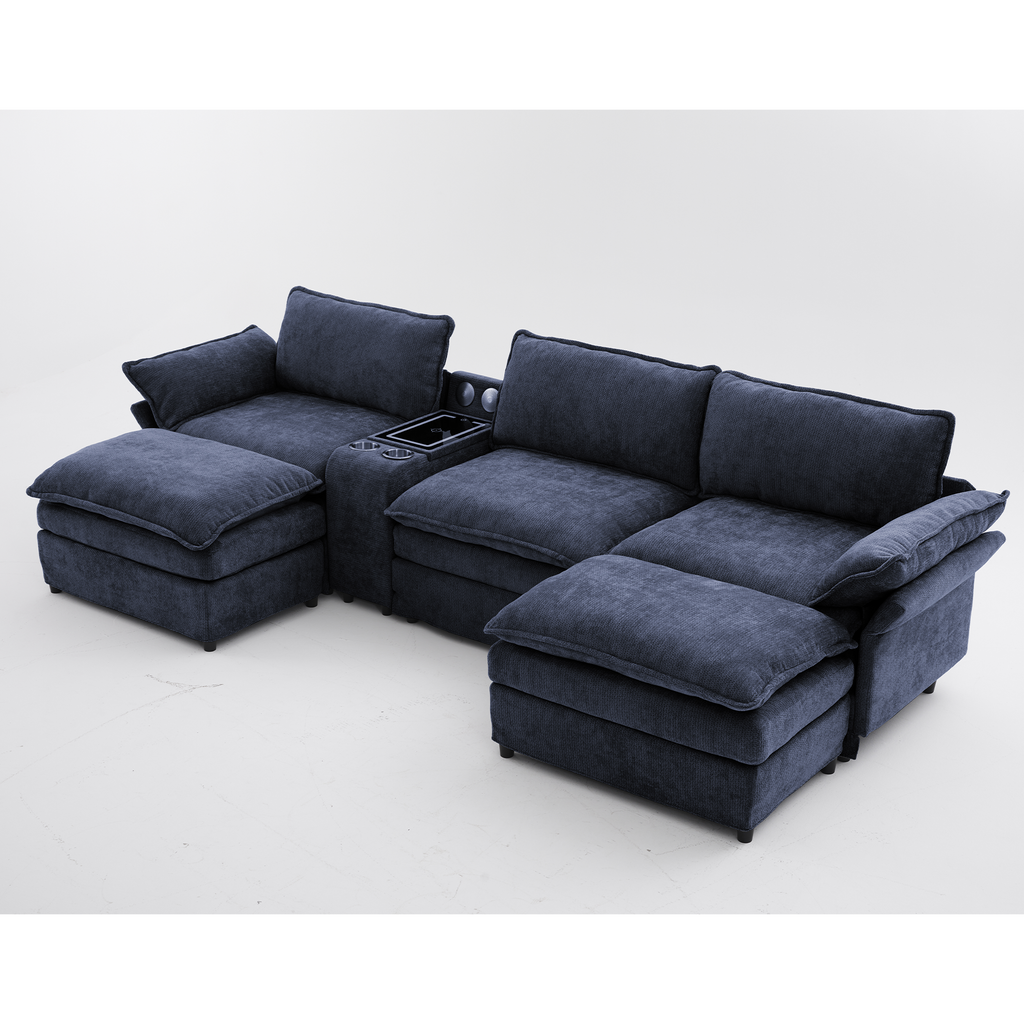[NEW ARRIVED] [VIDEO PROVIDED]U Shaped Modular Sectional Sofa,Storage Console & Wireless Charging,2 Cup Holders,Bluetooth Speakers,2 Movable Footstools,Adjustable handrail,Movable seat,Chenille,Blue Sectional Sofa