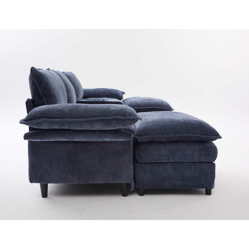 [NEW ARRIVED] [VIDEO PROVIDED]U Shaped Modular Sectional Sofa,Storage Console & Wireless Charging,2 Cup Holders,Bluetooth Speakers,2 Movable Footstools,Adjustable handrail,Movable seat,Chenille,Blue Sectional Sofa
