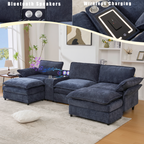 [NEW ARRIVED] [VIDEO PROVIDED]U Shaped Modular Sectional Sofa,Storage Console & Wireless Charging,2 Cup Holders,Bluetooth Speakers,2 Movable Footstools,Adjustable handrail,Movable seat,Chenille,Blue Sectional Sofa
