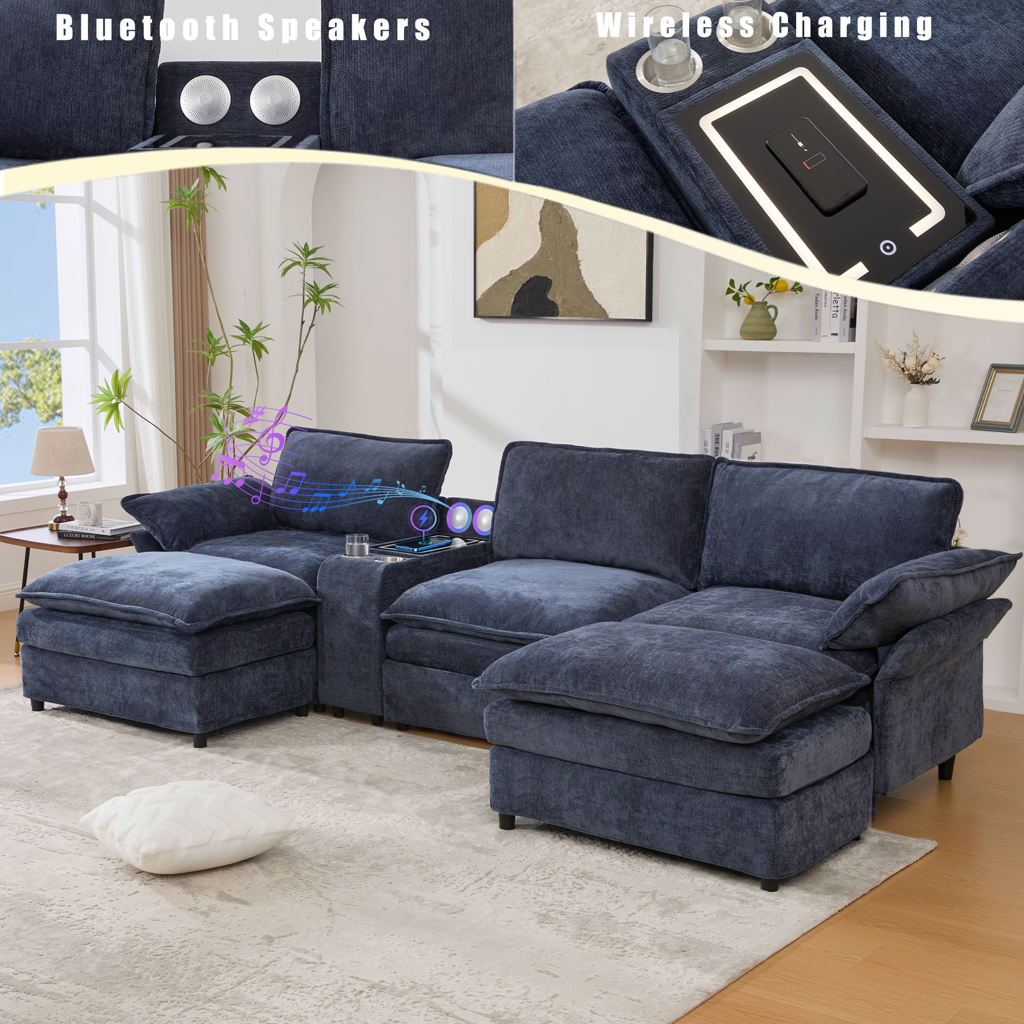 [NEW ARRIVED] [VIDEO PROVIDED]U Shaped Modular Sectional Sofa,Storage Console & Wireless Charging,2 Cup Holders,Bluetooth Speakers,2 Movable Footstools,Adjustable handrail,Movable seat,Chenille,Blue Sectional Sofa