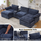 [NEW ARRIVED] [VIDEO PROVIDED]U Shaped Modular Sectional Sofa,Storage Console & Wireless Charging,2 Cup Holders,Bluetooth Speakers,2 Movable Footstools,Adjustable handrail,Movable seat,Chenille,Blue Sectional Sofa