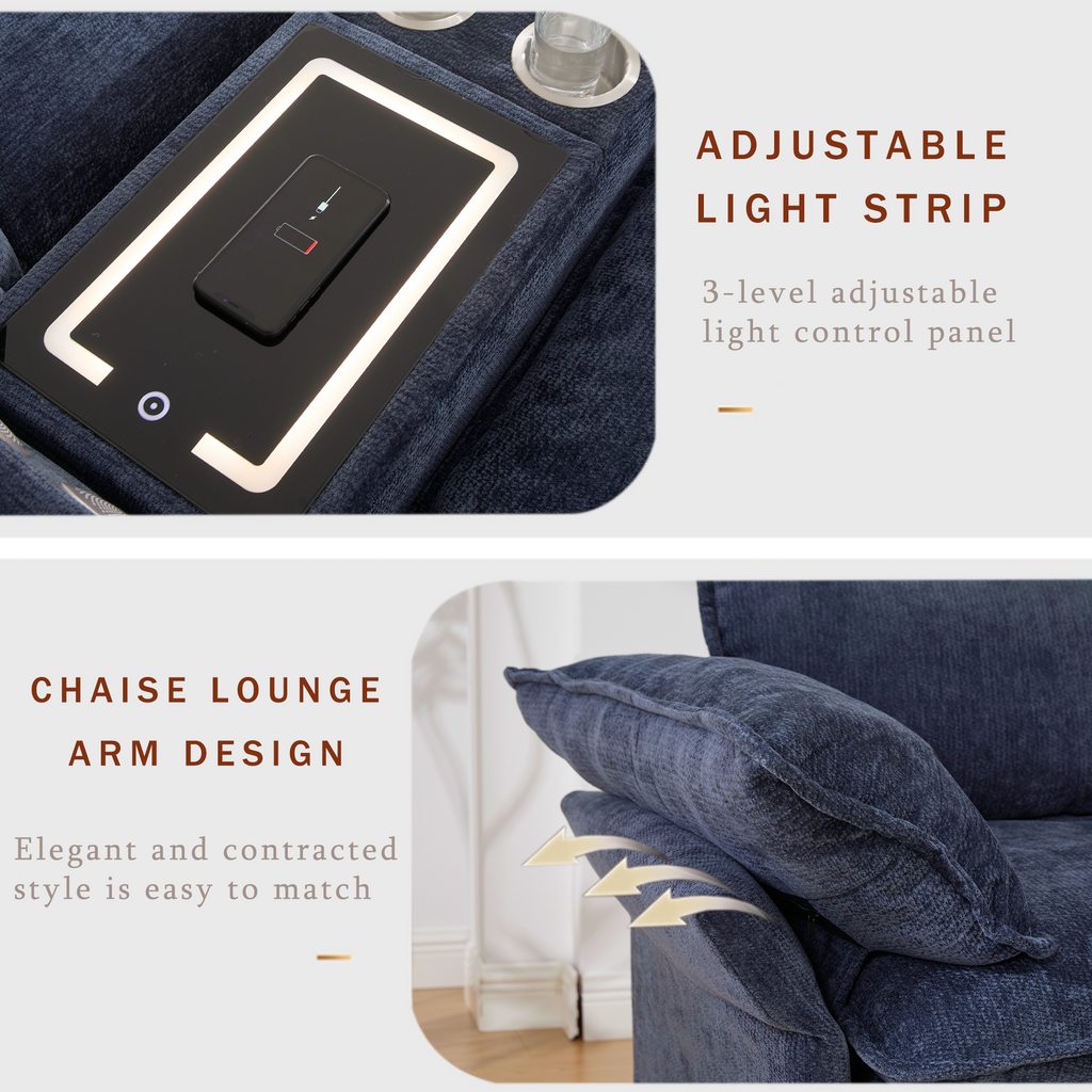 [NEW ARRIVED] [VIDEO PROVIDED]U Shaped Modular Sectional Sofa,Storage Console & Wireless Charging,2 Cup Holders,Bluetooth Speakers,2 Movable Footstools,Adjustable handrail,Movable seat,Chenille,Blue Sectional Sofa