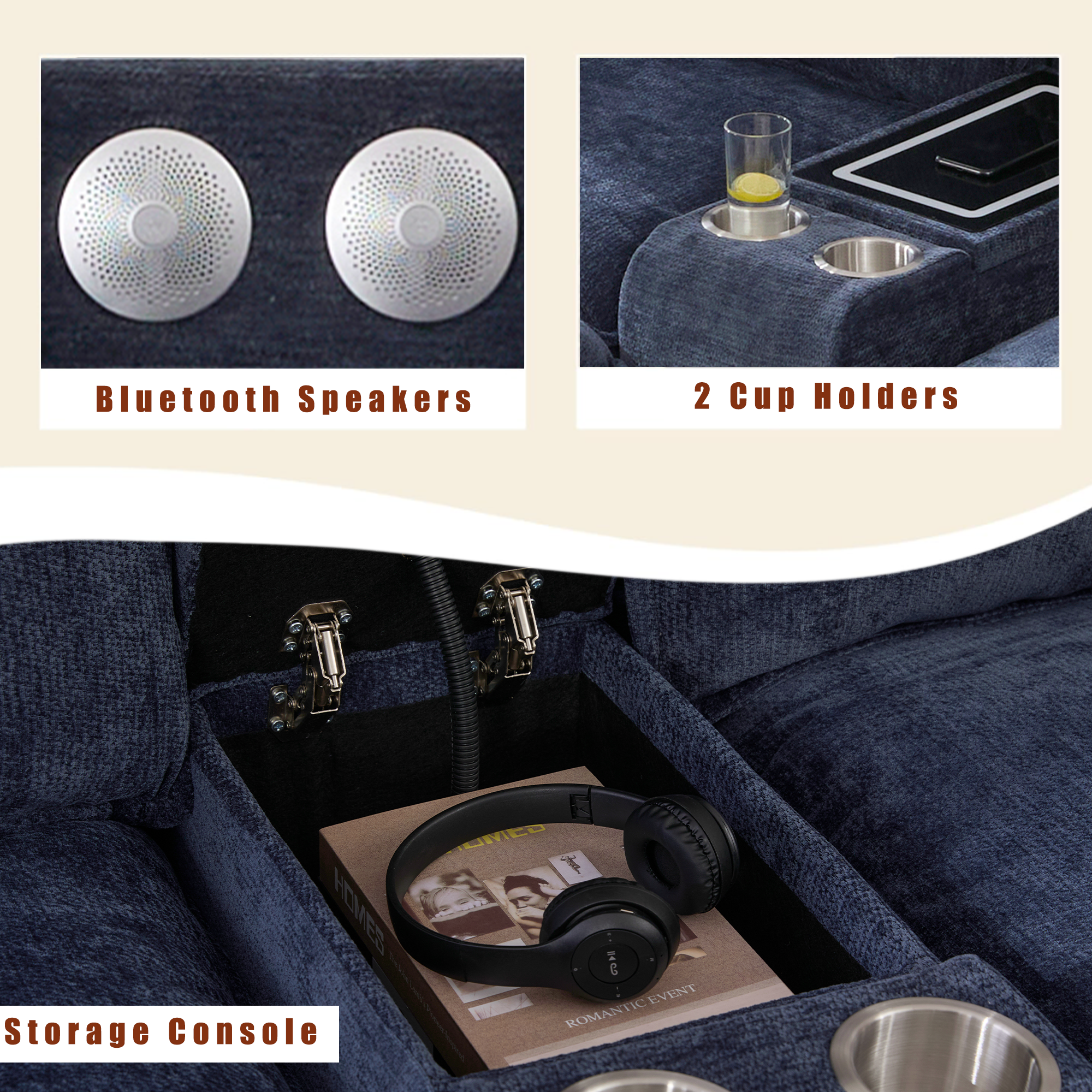 [NEW ARRIVED] [VIDEO PROVIDED]U Shaped Modular Sectional Sofa,Storage Console & Wireless Charging,2 Cup Holders,Bluetooth Speakers,2 Movable Footstools,Adjustable handrail,Movable seat,Chenille,Blue Sectional Sofa