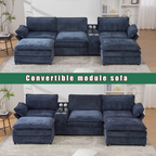 [NEW ARRIVED] [VIDEO PROVIDED]U Shaped Modular Sectional Sofa,Storage Console & Wireless Charging,2 Cup Holders,Bluetooth Speakers,2 Movable Footstools,Adjustable handrail,Movable seat,Chenille,Blue Sectional Sofa