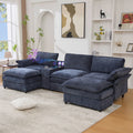 [NEW ARRIVED] [VIDEO PROVIDED]U Shaped Modular Sectional Sofa,Storage Console & Wireless Charging,2 Cup Holders,Bluetooth Speakers,2 Movable Footstools,Adjustable handrail,Movable seat,Chenille,Blue Sectional Sofa