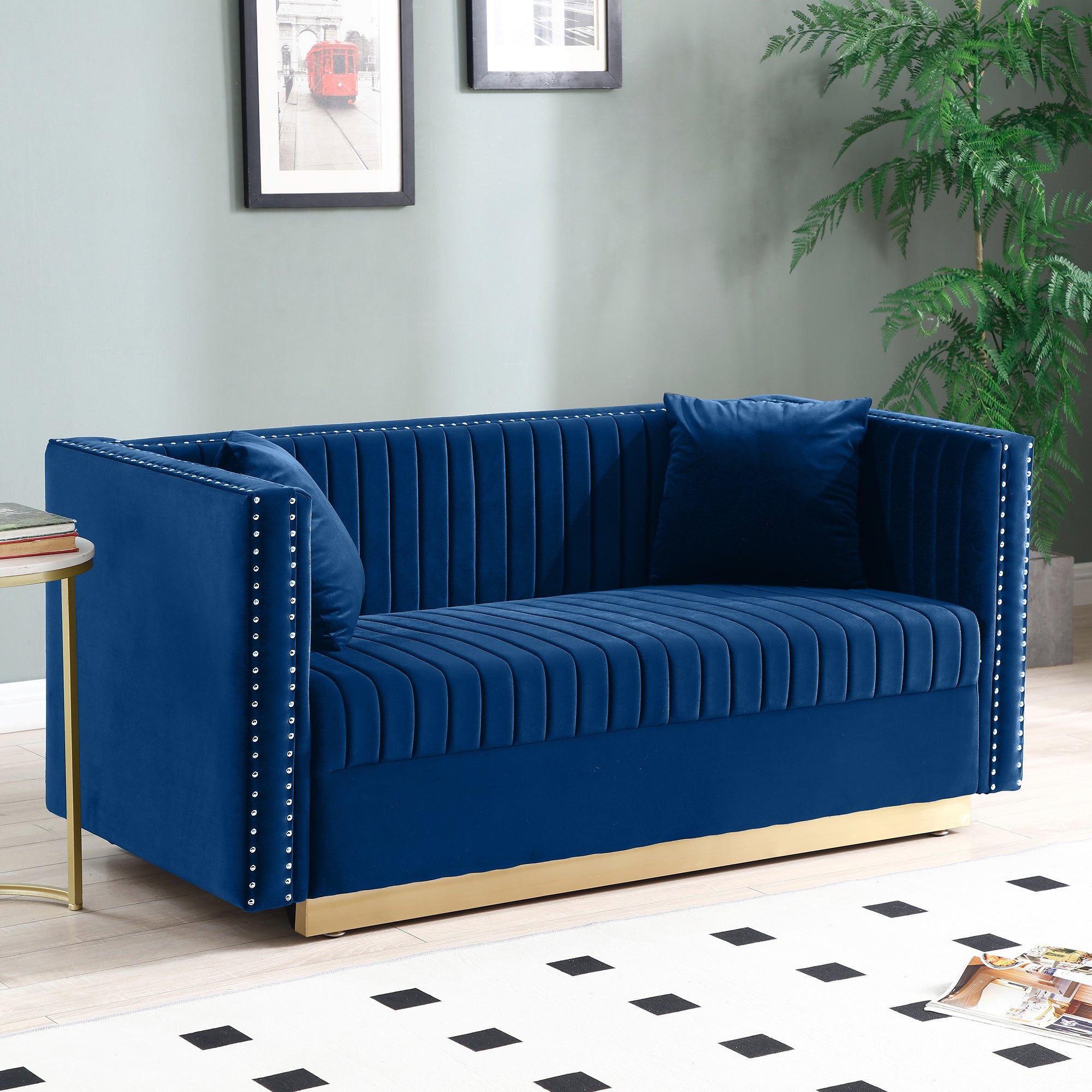 Contemporary Vertical Channel Tufted Velvet Sofa Loveseat Modern Upholstered 2 Seater Couch for Living Room Apartment with 2 pillows,Blue