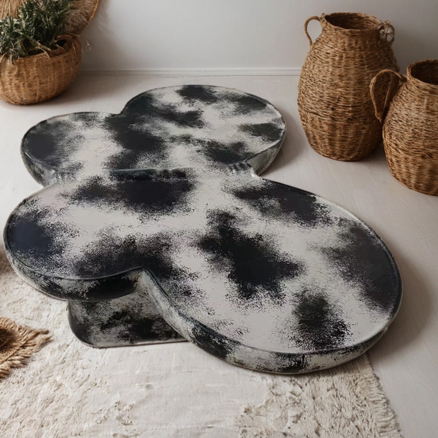 Butterfly design style, coffee table, imitation natural limestone material, suitable for living room/office, fiberglass, black and beige combination.