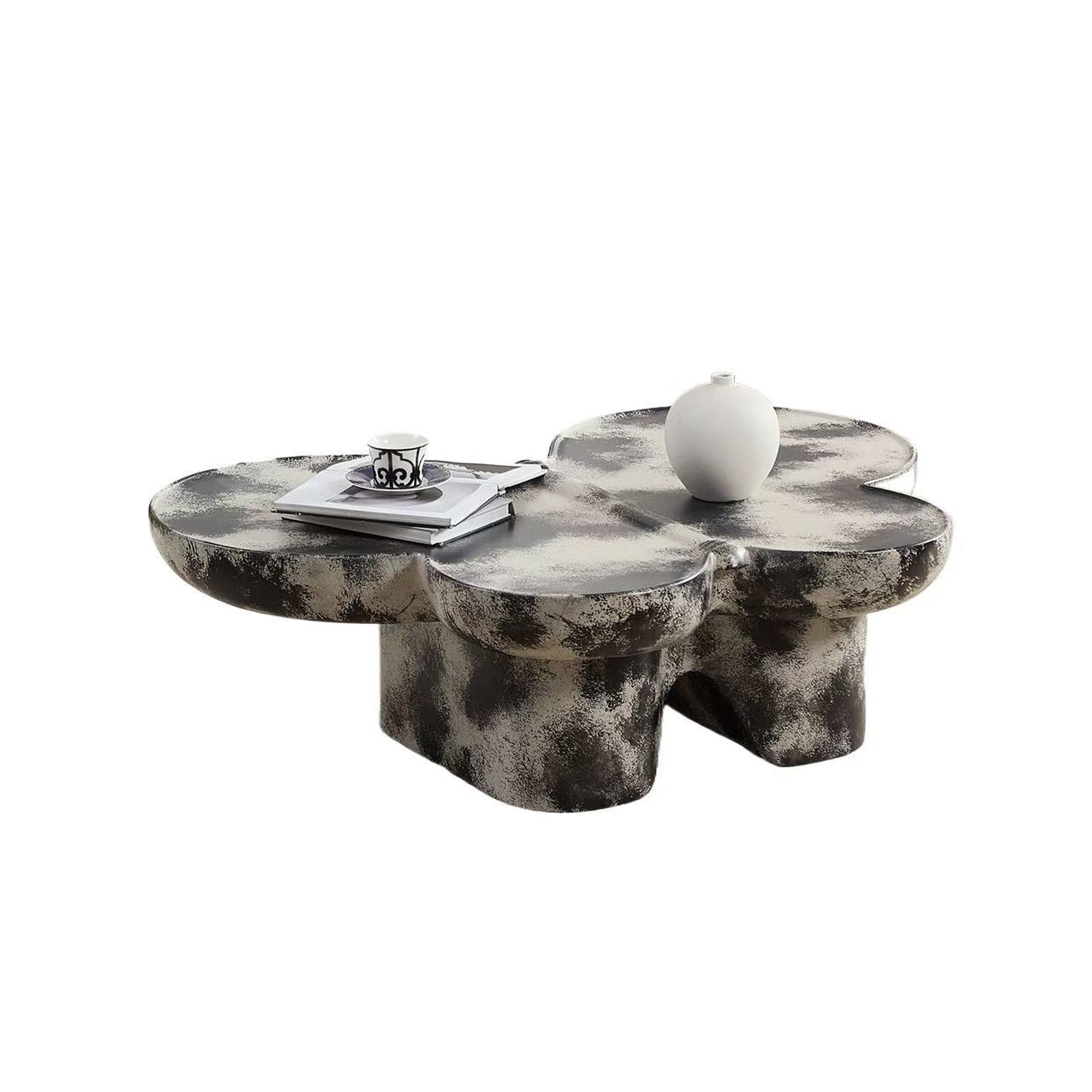 Butterfly design style, coffee table, imitation natural limestone material, suitable for living room/office, fiberglass, black and beige combination.