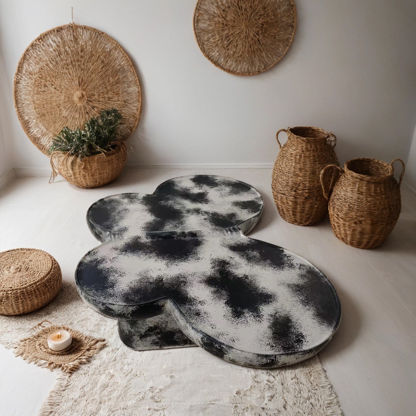 Butterfly design style, coffee table, imitation natural limestone material, suitable for living room/office, fiberglass, black and beige combination.