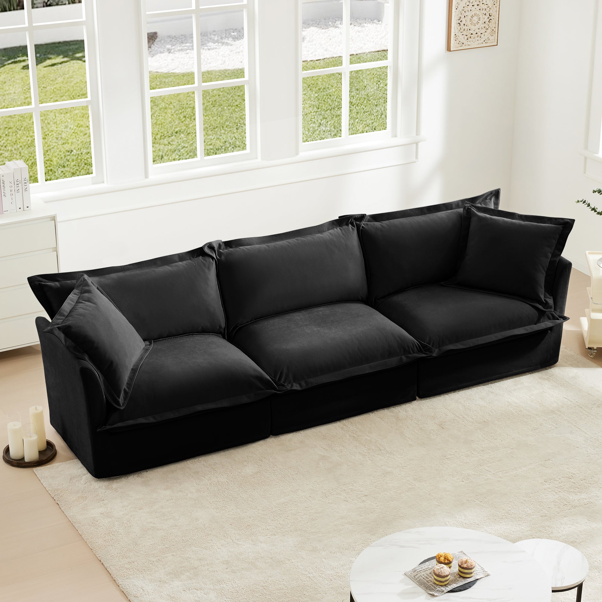 Slipcovered Sofa Couch, Modern 3 Seater Sofa with Suppleness Armrests, Chenille Fleece Deep Seat Sofa with Soft Multiple Big Pillows, Comfy Couch for Living Room, Apartment,Chenille Fabric, Black