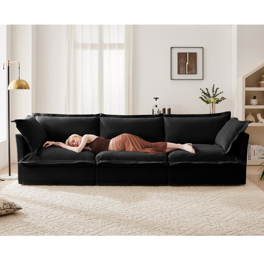 Slipcovered Sofa Couch, Modern 3 Seater Sofa with Suppleness Armrests, Chenille Fleece Deep Seat Sofa with Soft Multiple Big Pillows, Comfy Couch for Living Room, Apartment,Chenille Fabric, Black