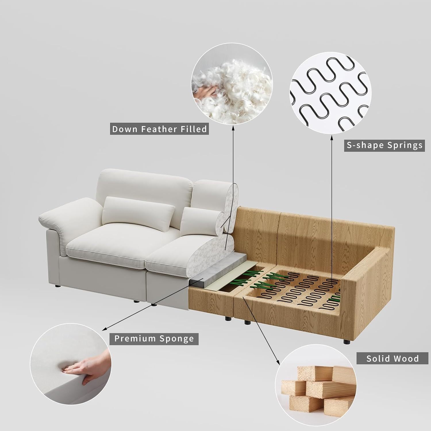 Cloud Sectional Sofa, Down-Filled Sofa, Living Room Modular Sofa, Minimalist Modern Style, Removable & Washable Sofa Cover, Chenille Fabric, Storage Function