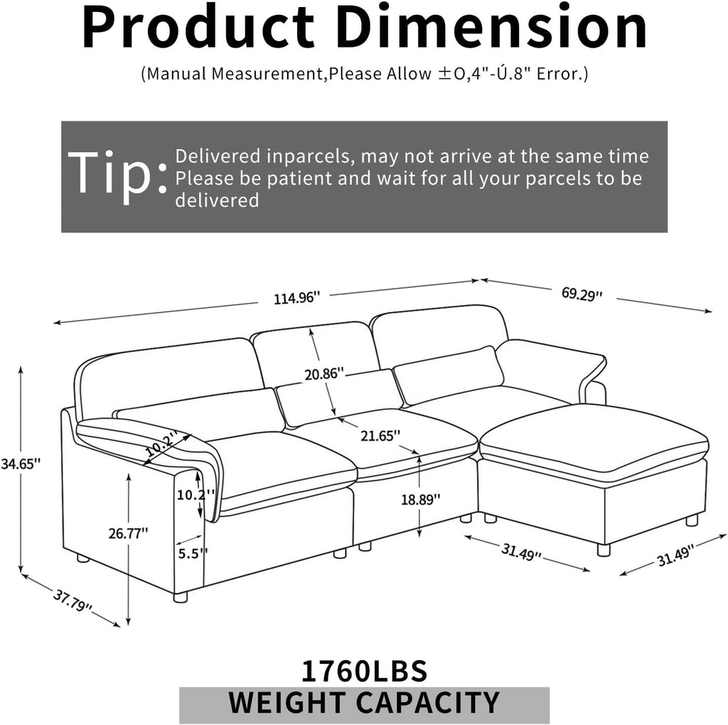 Cloud Sectional Sofa, Down-Filled Sofa, Living Room Modular Sofa, Minimalist Modern Style, Removable & Washable Sofa Cover, Chenille Fabric, Storage Function