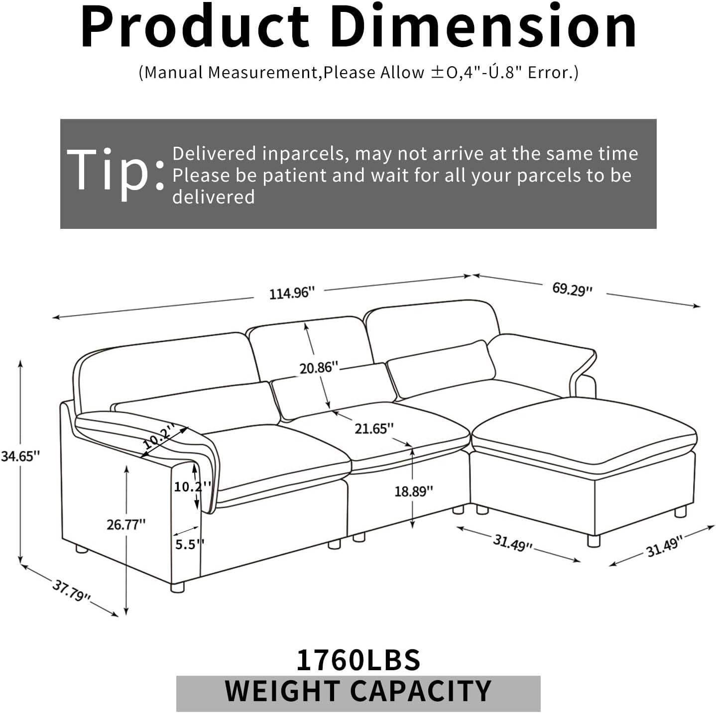 Cloud Sectional Sofa, Down-Filled Sofa, Living Room Modular Sofa, Minimalist Modern Style, Removable & Washable Sofa Cover, Chenille Fabric, Storage Function