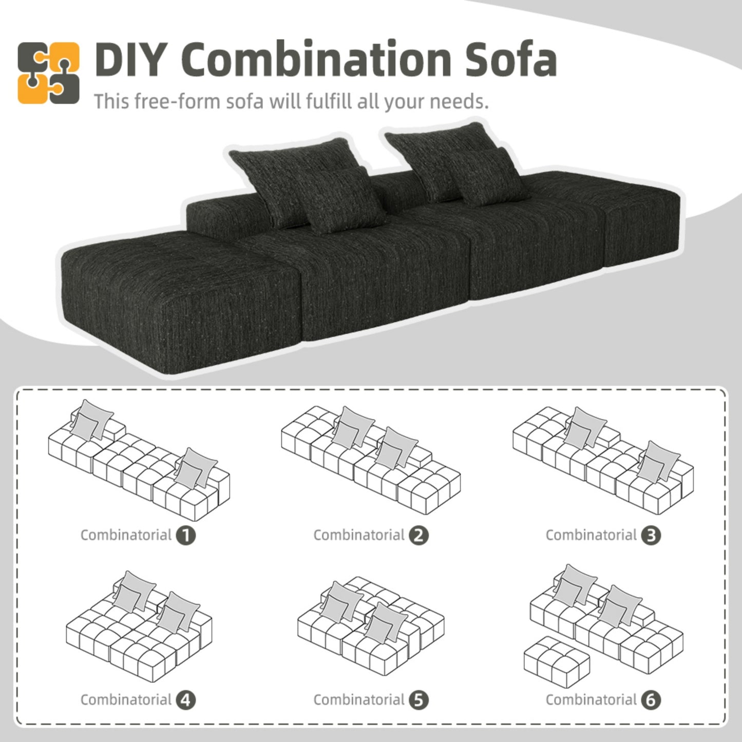 Modern Oversized Modular Sectional Sofa with 2 Ottoman and 2 seat,Sparkling Chenille Fabric Soft Cushion Sofa with 4 Pillows,4 PCS DIY Combination Tufted Sofa,No Assembly Required,BLACK