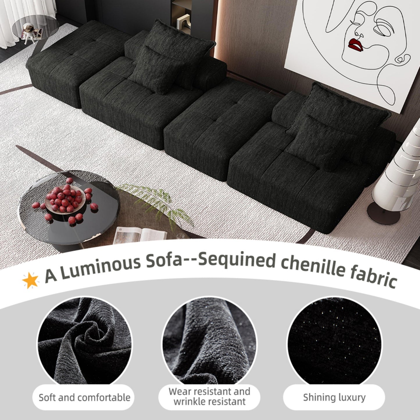 Modern Oversized Modular Sectional Sofa with 2 Ottoman and 2 seat,Sparkling Chenille Fabric Soft Cushion Sofa with 4 Pillows,4 PCS DIY Combination Tufted Sofa,No Assembly Required,BLACK