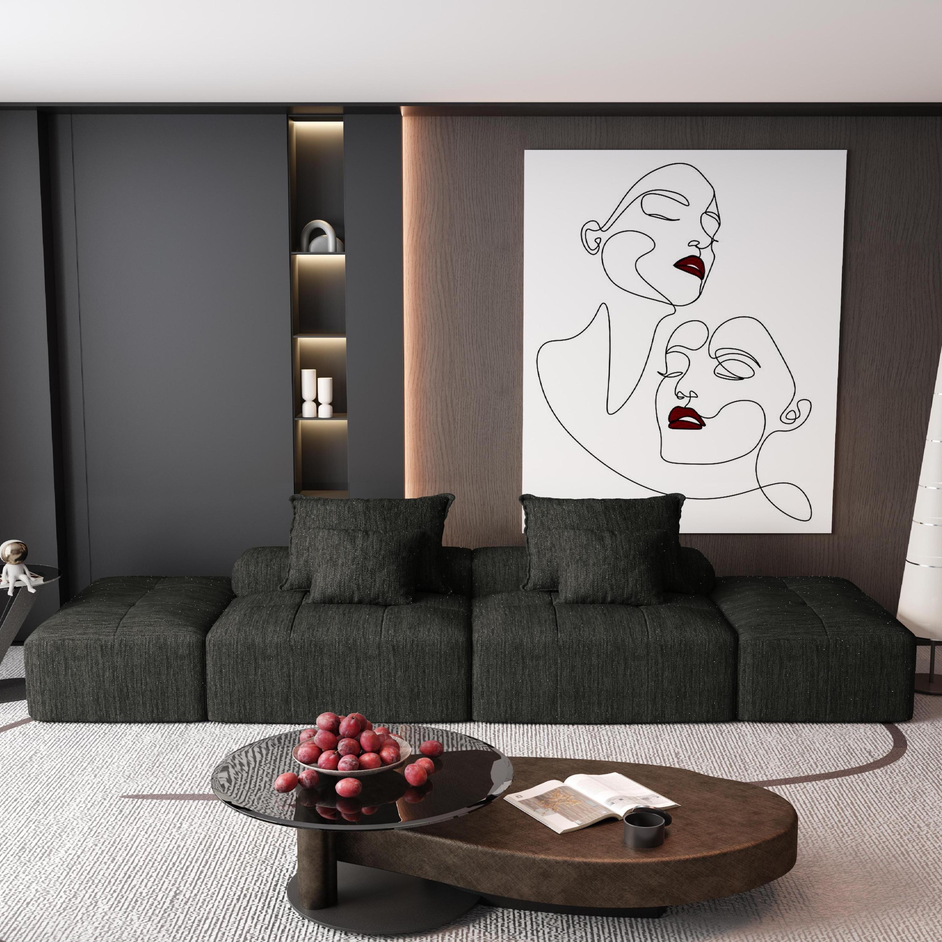 Modern Oversized Modular Sectional Sofa with 2 Ottoman and 2 seat,Sparkling Chenille Fabric Soft Cushion Sofa with 4 Pillows,4 PCS DIY Combination Tufted Sofa,No Assembly Required,BLACK