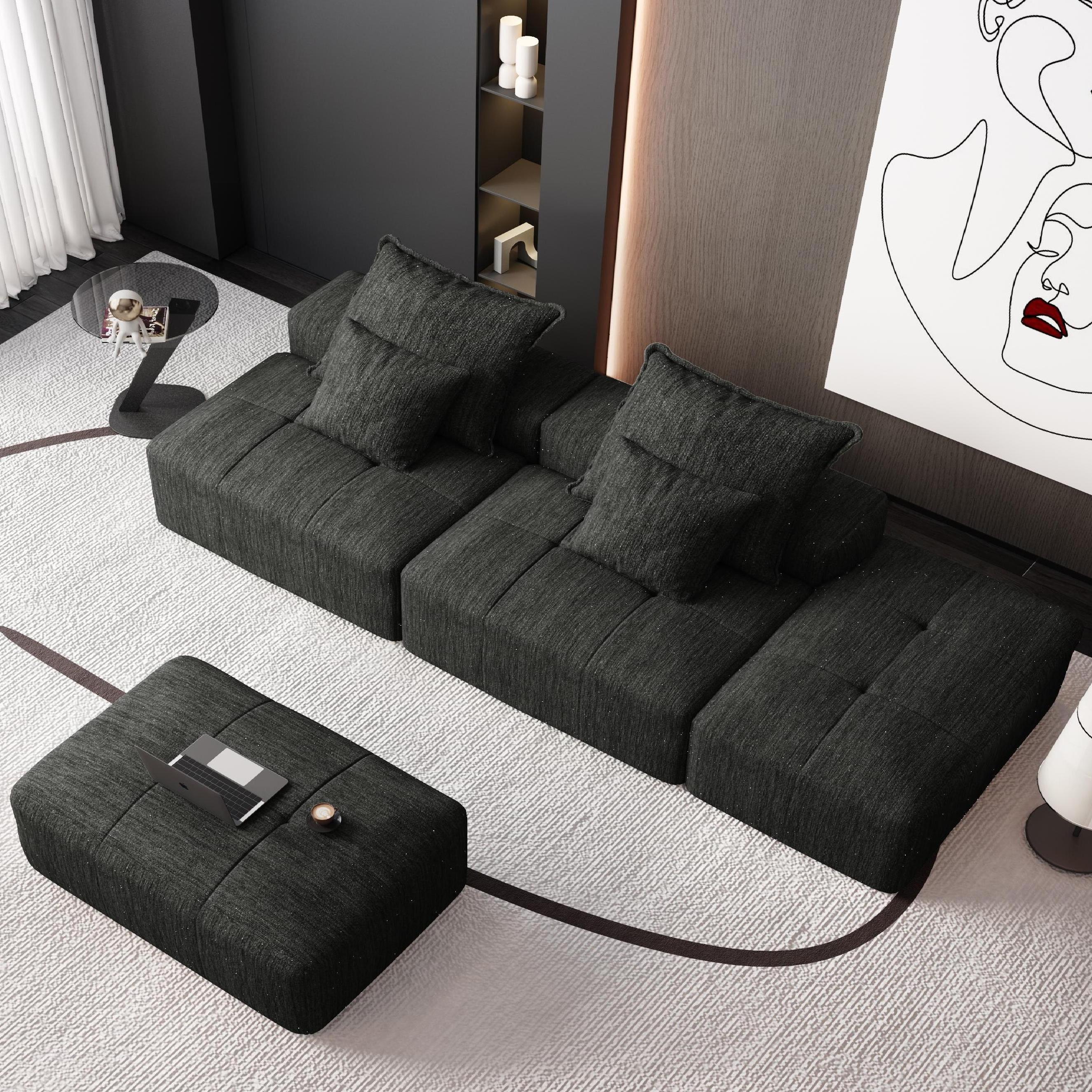 Modern Oversized Modular Sectional Sofa with 2 Ottoman and 2 seat,Sparkling Chenille Fabric Soft Cushion Sofa with 4 Pillows,4 PCS DIY Combination Tufted Sofa,No Assembly Required,BLACK