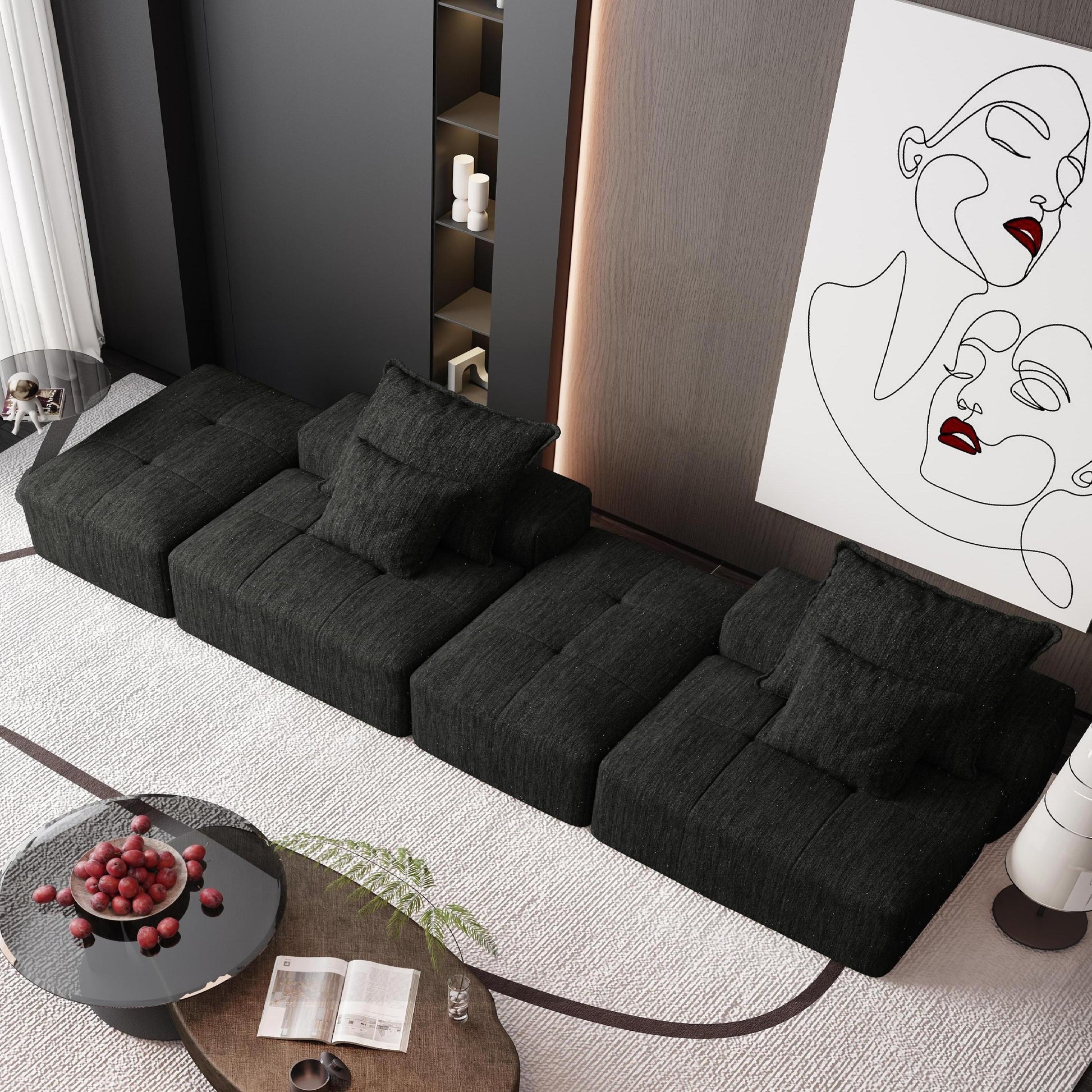 Modern Oversized Modular Sectional Sofa with 2 Ottoman and 2 seat,Sparkling Chenille Fabric Soft Cushion Sofa with 4 Pillows,4 PCS DIY Combination Tufted Sofa,No Assembly Required,BLACK