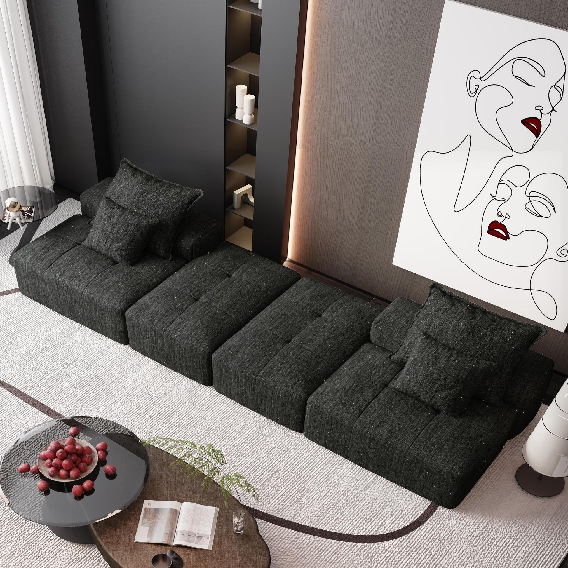 Modern Oversized Modular Sectional Sofa with 2 Ottoman and 2 seat,Sparkling Chenille Fabric Soft Cushion Sofa with 4 Pillows,4 PCS DIY Combination Tufted Sofa,No Assembly Required,BLACK
