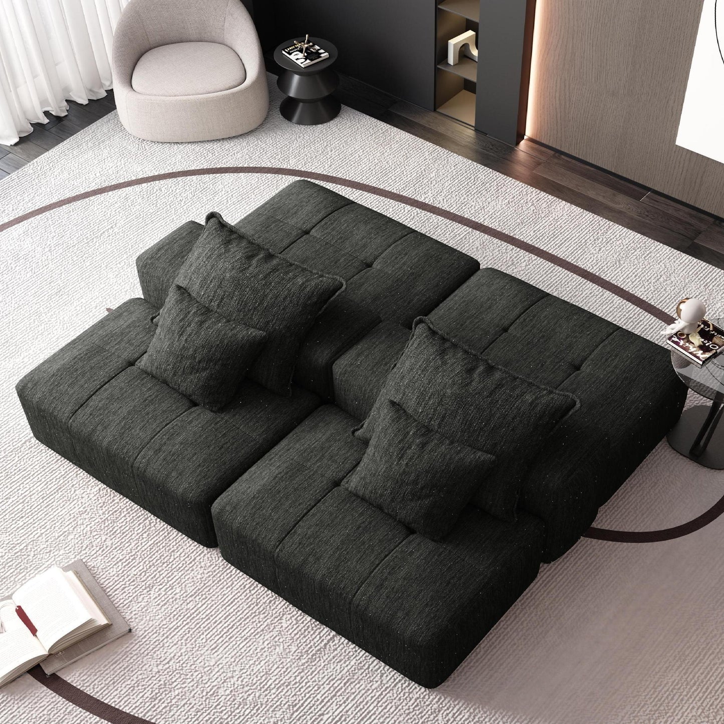 Modern Oversized Modular Sectional Sofa with 2 Ottoman and 2 seat,Sparkling Chenille Fabric Soft Cushion Sofa with 4 Pillows,4 PCS DIY Combination Tufted Sofa,No Assembly Required,BLACK