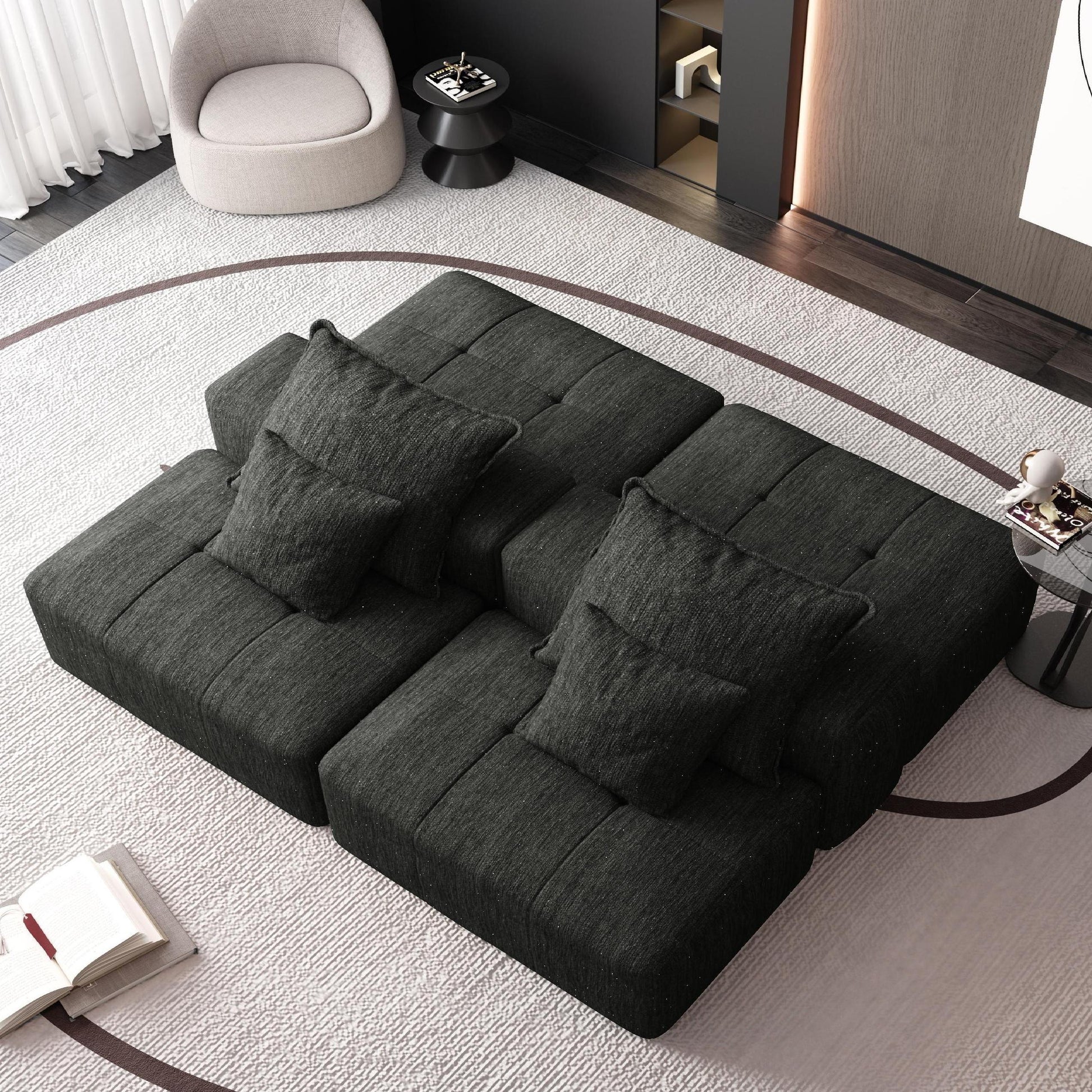 Modern Oversized Modular Sectional Sofa with 2 Ottoman and 2 seat,Sparkling Chenille Fabric Soft Cushion Sofa with 4 Pillows,4 PCS DIY Combination Tufted Sofa,No Assembly Required,BLACK