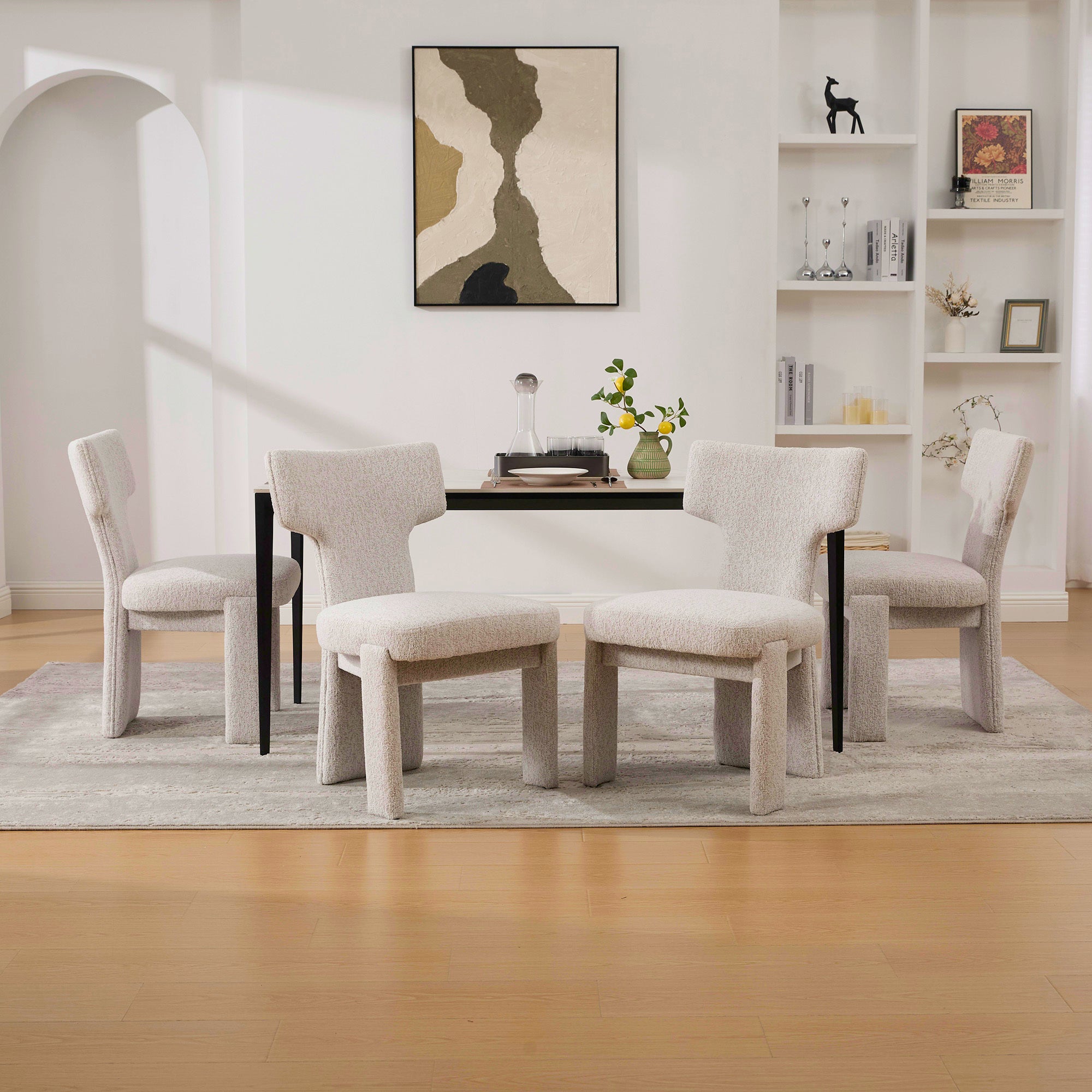 22.05' Wide Modern Upholstered Chenille Dining Chair Set of 4 with Rubberwood Legs, Armless Curved Back Accent Chairs for Living Room Bedroom Restaurant Cafes Dining Room Reception, Beige Dining Chair