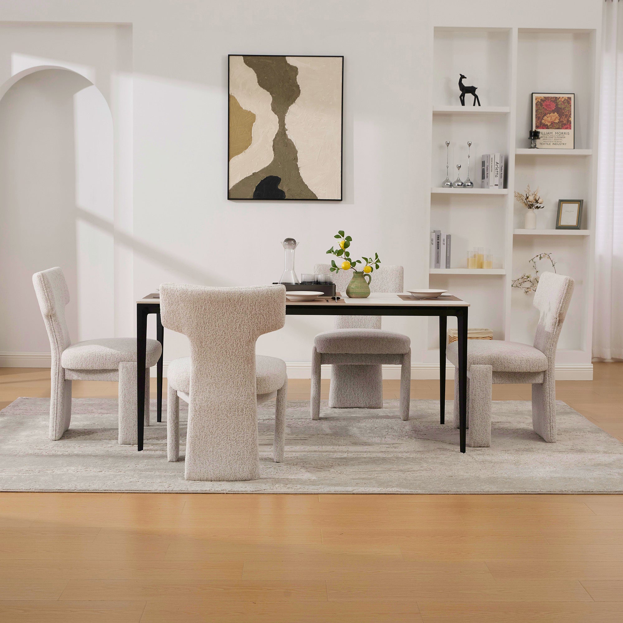 22.05' Wide Modern Upholstered Chenille Dining Chair Set of 4 with Rubberwood Legs, Armless Curved Back Accent Chairs for Living Room Bedroom Restaurant Cafes Dining Room Reception, Beige Dining Chair