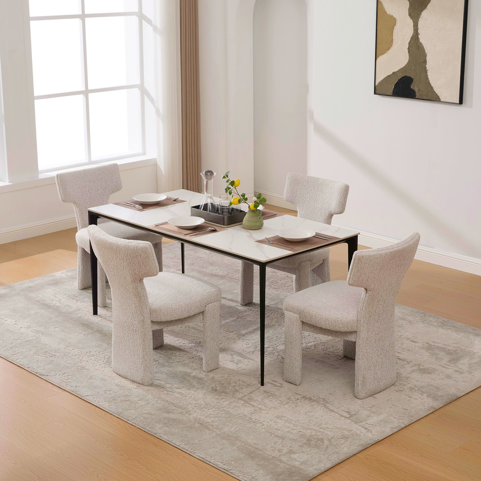 22.05' Wide Modern Upholstered Chenille Dining Chair Set of 4 with Rubberwood Legs, Armless Curved Back Accent Chairs for Living Room Bedroom Restaurant Cafes Dining Room Reception, Beige Dining Chair