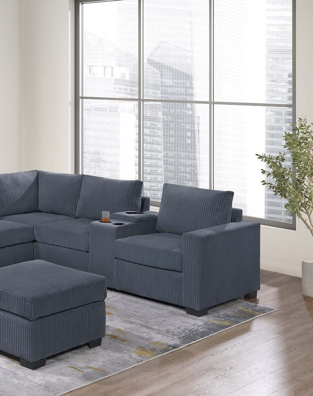 Modern Functional Dark Gray Corduroy Upholstered Sectional Set Living Room One Arm Loveseat Wedge Console Ottoman 4pc Couch Sofa Set