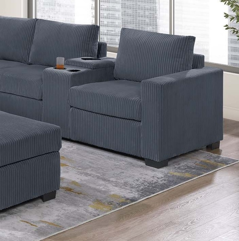 Modern Functional Dark Gray Corduroy Upholstered Sectional Set Living Room One Arm Loveseat Wedge Console Ottoman 4pc Couch Sofa Set