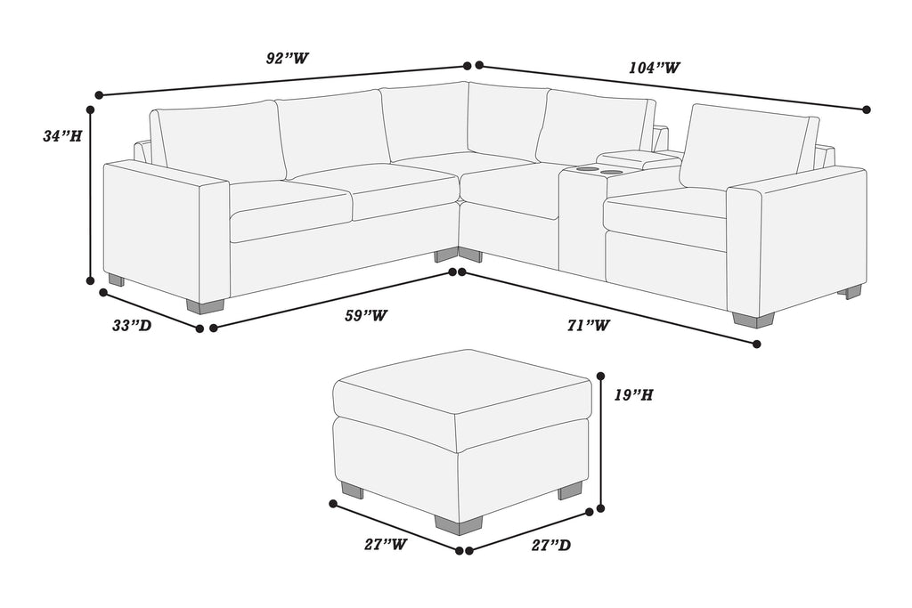 Modern Functional Dark Gray Corduroy Upholstered Sectional Set Living Room One Arm Loveseat Wedge Console Ottoman 4pc Couch Sofa Set