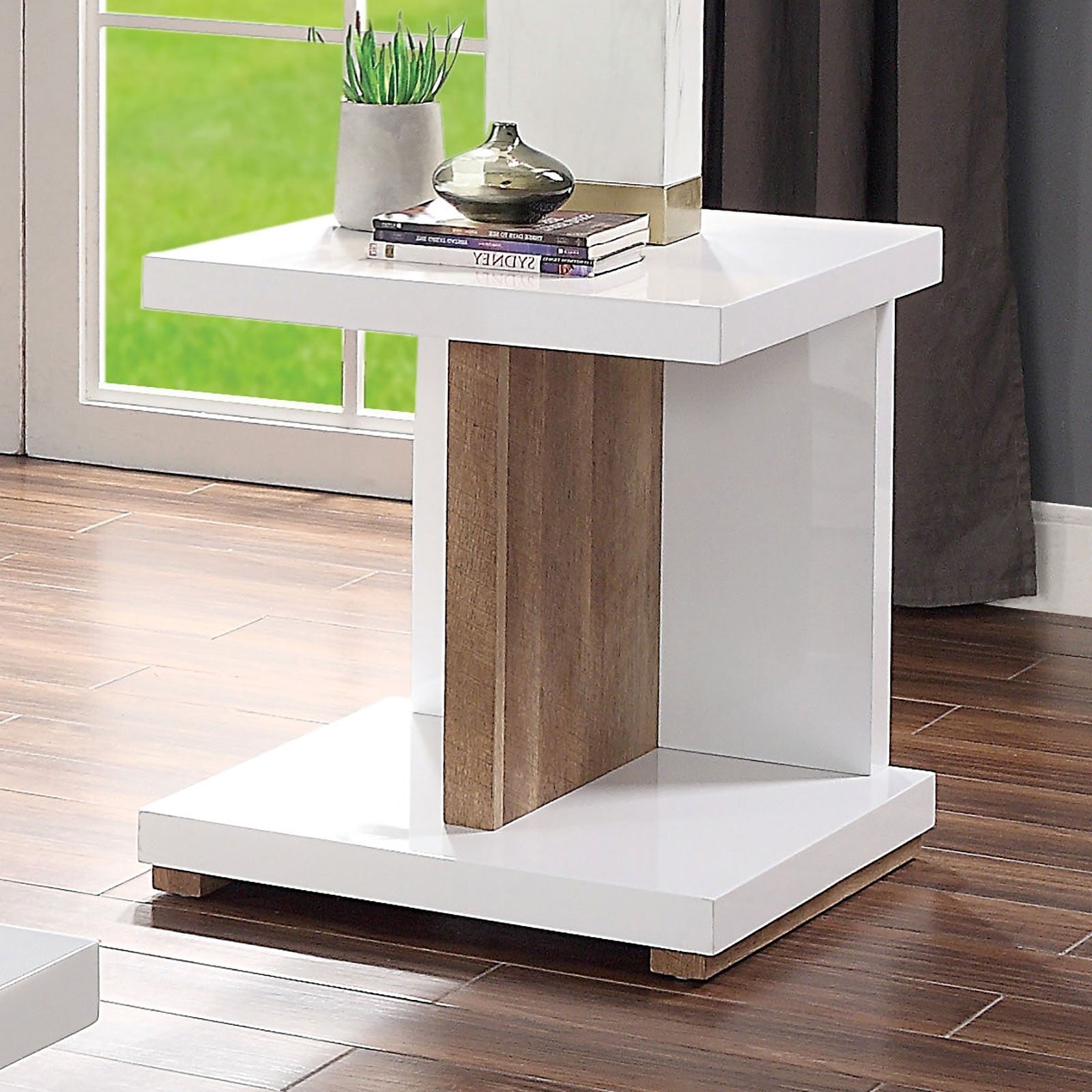 End Table Modern Contemporary Style Two Tone Design High Gloss Finish Open Shelves Wooden Base White And Natural Tone Finish Coffee Table-Not Included